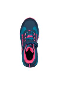 Sneaker with a dark blue and turquoise textile upper, pink accents, a Velcro strap, and textured rubber sole for grip.