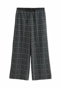 Pantalon à jambes larges à carreaux noir et blanc avec un tissu texturé, doté d'une ceinture élastique et d'un cordon de serrage pour un ajustement réglable.