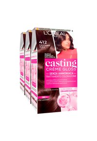 Il colore per capelli L'Oréal Casting Crème Gloss, tonalità 412, presenta tre scatole con un design rosa lucido e un'immagine di capelli scuri sul davanti.