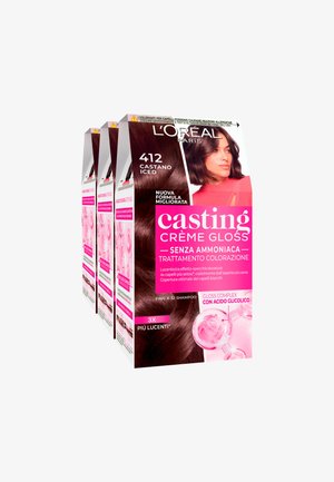 Il colore per capelli L'Oréal Casting Crème Gloss, tonalità 412, presenta tre scatole con un design rosa lucido e un'immagine di capelli scuri sul davanti.