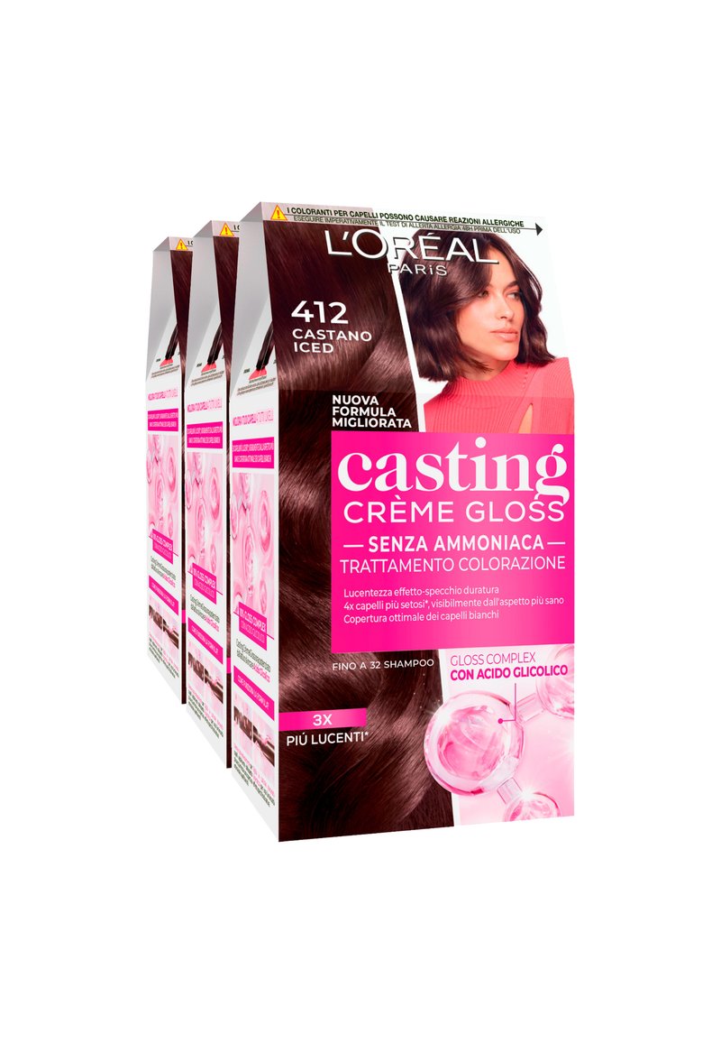 Il colore per capelli L'Oréal Casting Crème Gloss, tonalità 412, presenta tre scatole con un design rosa lucido e un'immagine di capelli scuri sul davanti.