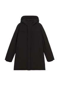 Parka negra con capucha y corte recto, que incluye dos bolsillos frontales, cierre de botones a presión y un interior acolchado.