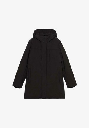 Czarna parka z kapturem o prostym kroju, z dwoma przednimi kieszeniami, zapięciem na zatrzask oraz pikowanym wnętrzem.
