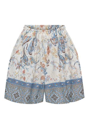 Lette stofshorts med elastisk talje, med blå, brune og beige blomster- og paisleymønstre samt en dekorativ blå kant forneden.