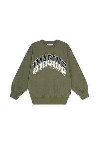 Olivgrön sweatshirt med ordet "IMAGINE" i fet stil i vitt och marinblått. Har ribbade muddar och fåll, samt en rund halsdesign.