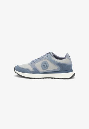 Sneakers featuring a mesh and suede design in shades of blue. Round toe, laced front, and a rubber outsole with white and black accents.