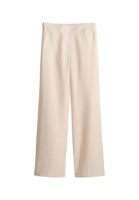 Light beige wide-leg pants made from soft fabric, featuring an elastic waistband and two side pockets for functionality.