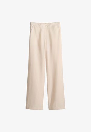 Light beige wide-leg pants made from soft fabric, featuring an elastic waistband and two side pockets for functionality.