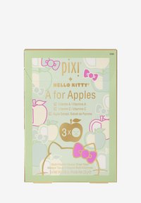 Boîte verte arborant "pixi! + HELLO KITTY A pour les pommes" en lettres dorées. Décorée de graphismes de pommes et de nœuds en rose, vert et blanc. Contient 3 masques.
