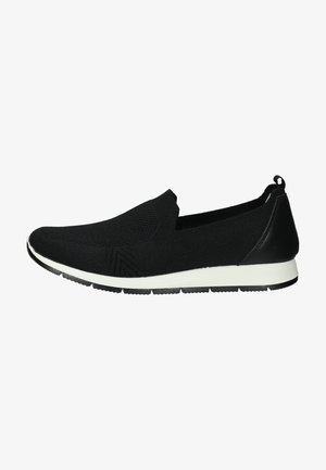 Black slip-on shoes made of textured knit material with a white rubber sole and a contrasting black rear accent.