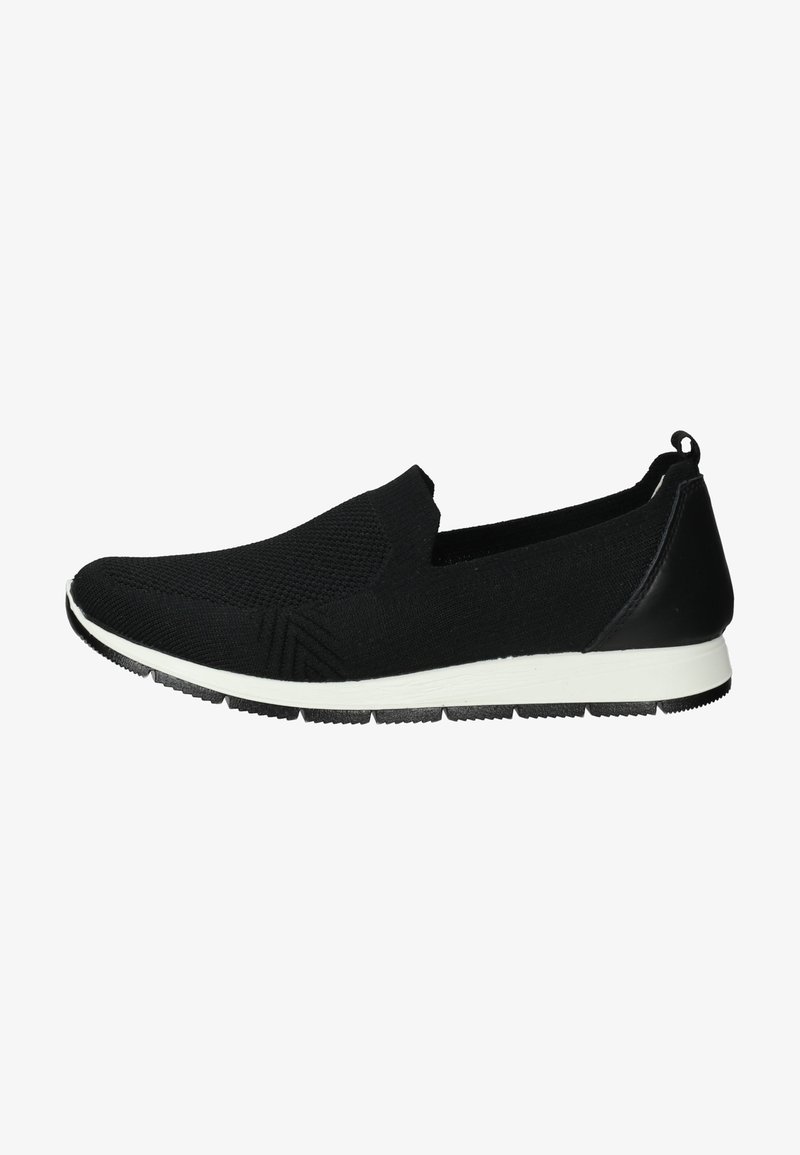 Black slip-on shoes made of textured knit material with a white rubber sole and a contrasting black rear accent.