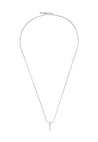 Sølvring med en tynd kæde og et vertikalt rektangulært vedhæng. Designet er minimalistisk og glat i teksturen.