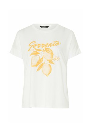 Hvid t-shirt med korte ærmer og gul illustration af tre citroner, blade og teksten "Sorrento Italy EST 1987" på forsiden.