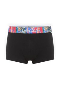Zwarte boxershorts met een kleurrijke, geblokte tailleband met draaien en levendige kleuren. De tailleband toont de merknaam "Colucci."