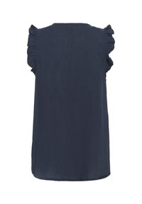 Haut bleu marine avec des manchons froncés courts, fabriqué dans un tissu doux et léger, et avec une coupe simple et décontractée avec des fentes latérales à l'ourlet.