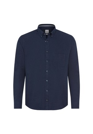 Camicia blu navy con bottoni, featuring maniche lunghe, taschino sul petto e colletto classico, realizzata in tessuto testurizzato con un motivo sottile.