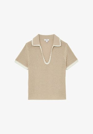 Béžové krátke pletené polo s krátkym rukávom, textúrovaným vzorom, hlbokým výstrihom do V a bielym lemovaním na golieri a okrajoch rukávov.