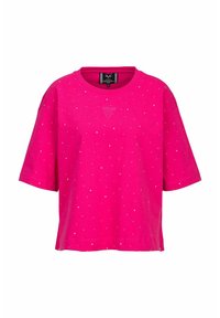 Rosa T-Shirt mit kurzen Ärmeln aus Baumwolle, mit lockerer Passform, verziert mit silbernen Punkten und einem kleinen Logo auf der Vorderseite.