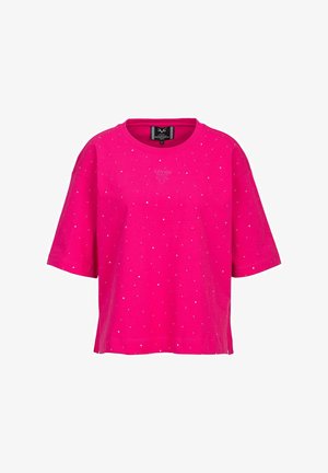 Roze T-shirt met korte mouwen van katoen, met een relaxte pasvorm, versierd met zilveren stippen en een klein logo aan de voorkant.