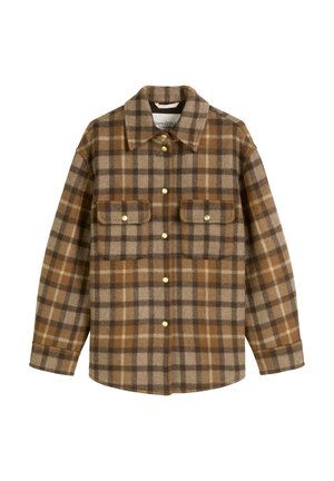 Veste en laine à carreaux marron et beige avec des manches longues, deux poches poitrine à rabat et fermeture par boutons-pression sur le devant.