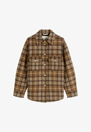 Brown and beige plaid wool shirt jacket with long sleeves, two flap chest pockets, and snap button closure down the front.