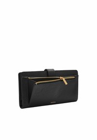 Schwarze Lederbrieftasche mit strukturierter Oberfläche, ausgestattet mit einem goldenen Reißverschluss und Beschlägen sowie einem vorderen Fach für Karten. Kompaktes Rechteck-Design.