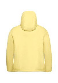 Giacca a cappuccio gialla con una texture liscia e un design semplice e minimalista. Presenta una vista dal retro, che mette in mostra una costruzione senza cuciture.