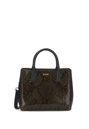 Sac à main marron et noir à texture peau de serpent, avec deux poignées noires, une bandoulière amovible et un petit logo doré sur le devant.