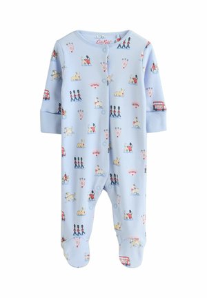 Hellblauer Baby-Strampler mit London-Motiven wie Wachen, Hunden, Doppeldeckerbussen und Kronen, mit Druckknöpfen vorne.