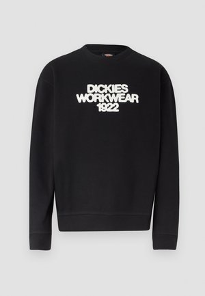 Must musta ümmarguse kaelusega dressipluus valge tekstuurse kirjaga "DICKIES WORKWEAR 1922" rinnal, soonikkoes mansetid ja ääred.