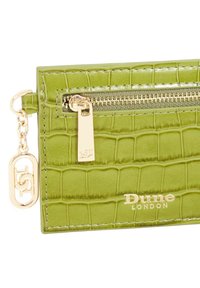Green faux crocodile leather wallet with gold-tone zipper, charm, and logo detail. Features textured surface and compact, rectangular shape.