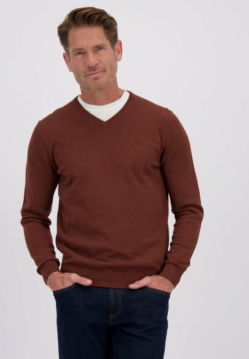 Man in een bruine V-halstrui over een wit shirt en donkere spijkerbroek, met zijn handen in de zakken, staande tegen een effen lichte achtergrond.