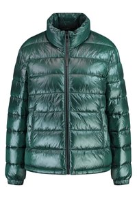 Groene pufferjas met een hoge kraag, glanzende textuur, ritssluiting en gestikt ontwerp. Heeft elastische manchetten en zij-drukknopen.