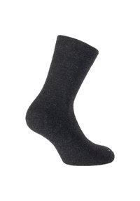 Czarna skarpetka do połowy łydki wyeksponowana pionowo na białym tle, ukazująca teksturę dzianiny oraz gładki, bezszwowy design.