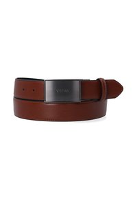 Bruine leren riem met een gestructureerde afwerking, voorzien van een metalen gesp met de inscriptie "Venezia." Inclusief vijf verstelgaten.