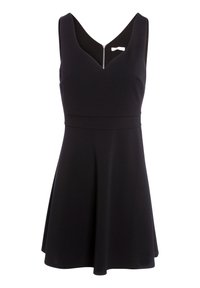 Robe noire sans manches avec un corsage ajusté, décolleté en V, détail à la taille et jupe évasée, dotée d'une fermeture éclair à l'avant.