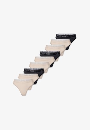 Reggiseno sportivo in cotone nero con scollo a U e spalline larghe, abbinato a slip neri coordinati con una fascia recante la scritta 'ELLE'.