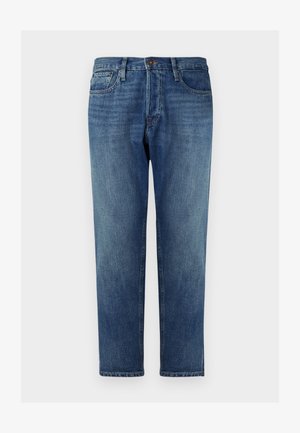 Vaqueros de mezclilla azul con corte recto, diseño de cinco bolsillos, cierre de botón, lavado desgastado y detalle de costura sutil a lo largo de las costuras.