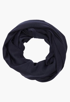 Écharpe infinie en tissu bleu marine foncé pliée en forme circulaire sur un fond blanc uni.