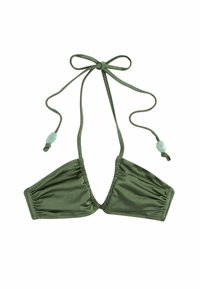 Zelený trojuholníkový bikini top vyrobený z hladkej tkaniny, s nastaviteľnými šnúrkami a dekoratívnymi korálkami na koncoch popruhov.