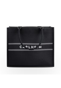 Black tote bag with two handles, featuring a textured fabric, rectangular shape, and a white horizontal stripe with "CARLHEIM" logo.
