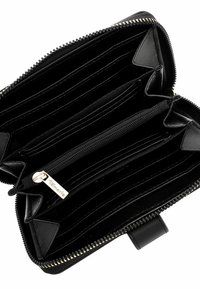 Black leather wallet with gold zipper, multiple card slots, and a zippered compartment for coins. Inside features a soft, textured lining.