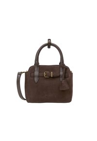 Braune Wildleder-Handtasche mit glatten Lederakzenten, einem Schnallendetail, oberen Griffen und einem abnehmbaren Schultergurt. Enthält einen kleinen Anhänger.