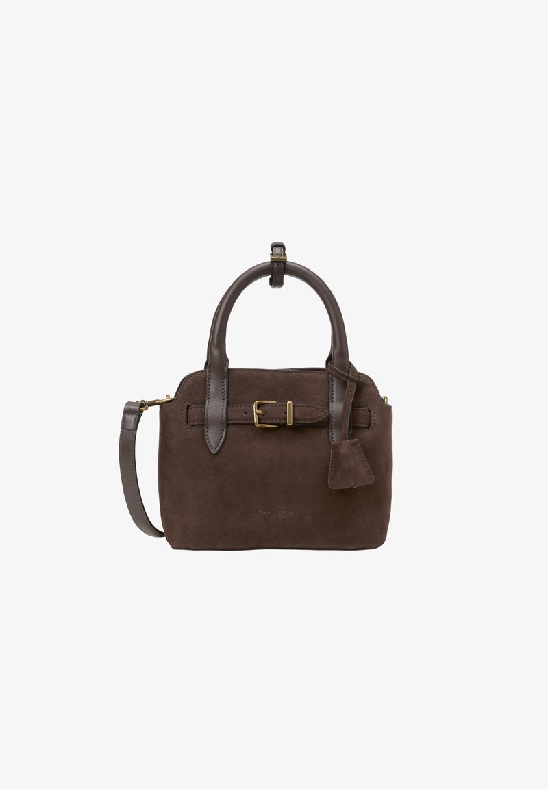 Bruine suède handtas met gladde leren accenten, een gespdetail, bovenhandgrepen en een afneembare schouderriem. Inclusief een kleine franjes.