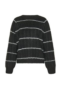Pulover negru tricotat cu model în dungi albe, design scurt, textură ribbed și mâneci lungi. Are un decolteu rotund și material moale.