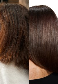 Porównanie przed i po zabiegu na włosach. Po lewej: niesforne, z frędzlami, średnio brązowe włosy. Po prawej: gładkie, proste, błyszczące, ciemnobrązowe włosy w bobie.
