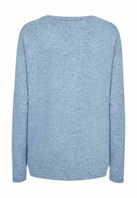 Hellblaues Langarmoberteil mit rundem Halsausschnitt und lässiger Passform. Aus strukturiertem Stoff gefertigt, mit überschnittenen Schulternähten und geradem Saum.