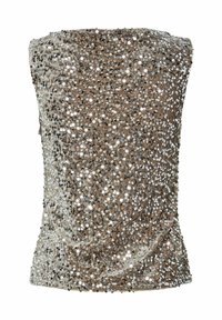 Brązowy bezrękawnik z cekinami o dopasowanym kroju i subtelnej fakturze. Odbijające światło cekiny tworzą błyszczący efekt.
