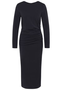 Langärmliges, knielanges Kleid aus einfarbigem marineblauen Stoff mit gerafften Seitendetails und glatter Textur; runder Ausschnitt und taillierte Silhouette.