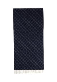 Navy blue woven fabric towel with geometric pattern, featuring white fringes along the edge. Soft texture and rectangular shape.